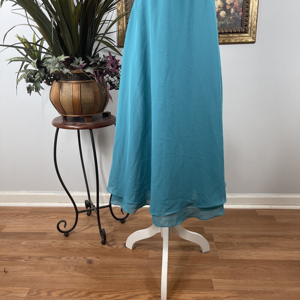 Teal Chiffon Sleeveless Midi Dress Pleated Twist Front Open Back Women’s 12 - Picture 3 of 9